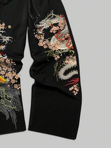 ROMWE MEN Goth Men's Casual Fashion Street Vacation Style Tiger, Dragon, Cherry Blossom Print Drawstring Waist Loose Wide Leg Sweatpants - Black - View 3