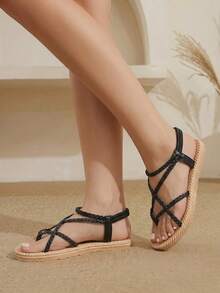 Styleloop Sandal Datar Wanita Anyaman dengan Gesper, Hitam, Sol Mirip Tali, Desain Cincin Jari Kaki, Desain Tali Romawi, Suasana Liburan, Pakaian Musim Panas, Perlengkapan Perjalanan - Hitam - View 8