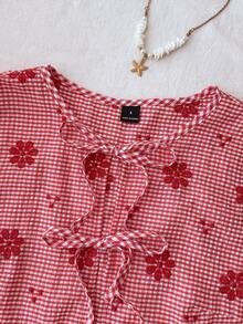 Travachic Women's Summer Beach Vacation Style Casual Floral Embroidery Plaid Print Front Tie Peplum Hem Tank Top - Red - View 3