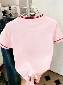 SHEIN 青少年女孩休閒日常通勤愛心圖案條紋飾邊短袖T恤，夏季 - 彩色 - 查看 2