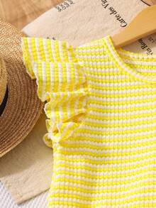 SHEIN Sparklyn 2pcs/Set Girls Casual T-Shirt Set, Solid Color Flutter Sleeve Textured Colorful Yarn Bow Top And Wide Leg Pants Set, Suitable For Daily Outings Or Beach Travel - Yellow - View 5