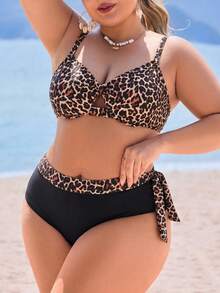Swim Lushoire Plus Size Women 2pcs Tropical Plant Random Print Asymmetric Ruffle Trim Top And High Waist Triangle Bottoms Swimwear Set, Casual And Suitable For Daily Vacation - Multicolor - View 6