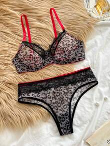 Bare Chapter 2pcs Women Lace Patchwork Leopard Print Wireless Thin Cup Comfortable Lingerie Set - Black - View 6