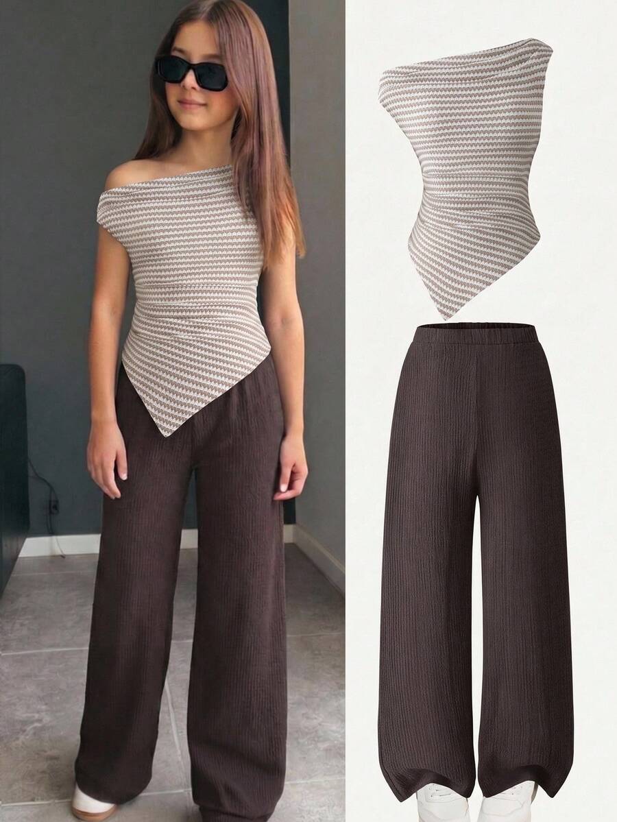 SHEIN Conjunto de 2 piezas con top de punto con hombro asimétrico a rayas y pantalones con cordón para niña preadolescente - Multicolor - Ver 1