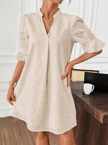 Editum Women's Notched Neck Cutout 3/4 Sleeve Ruffled Hem Eyelet Embroidery Loose Casual Dress, Pure White, Elegant For Daily, Vacation, Commute, Spring/Summer - Khaki - View 4