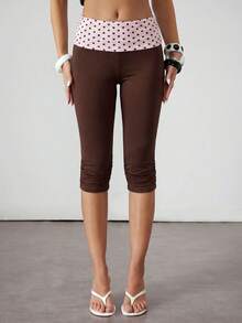 ROMWE Avant Y2K Style Sicilian Holiday Vintage Polka Dot Patchwork Ruched Skinny Women 3/4 Pants - Brown - View 1