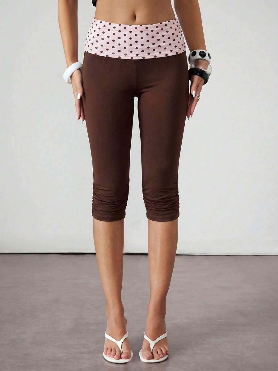 ROMWE Avant Y2K Style Sicilian Holiday Vintage Polka Dot Patchwork Ruched Skinny Women 3/4 Pants - Brown - View 1