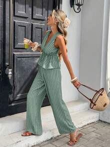 Serisse Women's Vacation Casual Striped Sleeveless Top And Pants 2 Pieces Set - Green - View 3