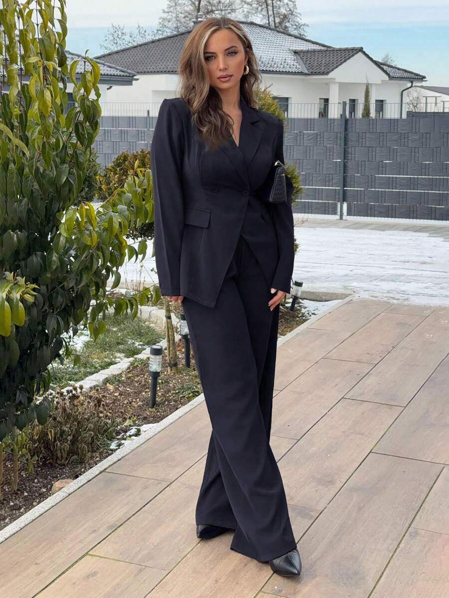 Jeta Ari Women's Solid Color Lapel NeckLong Sleeve Jacket And Pants Commuter Daily Basic Suit Set In Fall/Winter,Old Money Style,Dark Blue Business Suit,Business Commuter Two-Piece Set - Navy Blue - View 1
