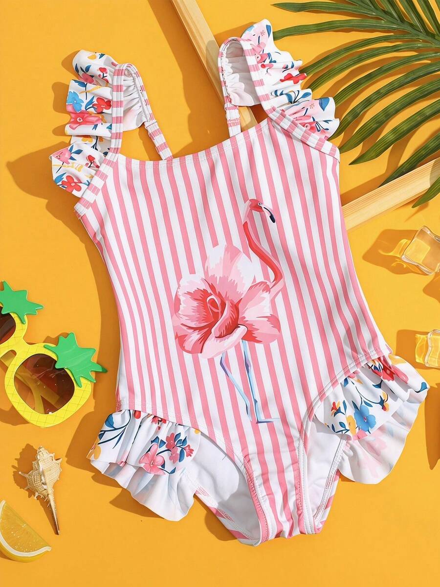 SHEIN Young Girl Flamingo & Striped Print Ruffle Trim One-Piece Swimwear, Casual Beach Vacation - Multicolor - View 1