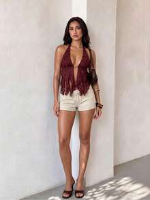 Glamine Sexy And Pure Burgundy Lace Camisole Crop Top - Ruffled Deep V-Neck Shirt, Perfect For Holidays And Beach Vacations - Red - View 4