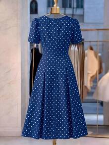 SHEIN Franclia Women's Woven Polka Dot Round Neck Short Sleeve A-Line Elegant Long Summer Dress - Navy Blue - View 2