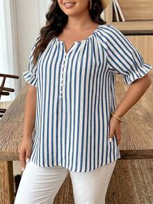 Ceyna Plus Size Women's French Minimalist Casual Striped Short Sleeve Shirt, Summer - Blue and White - View 3