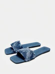 Bholvia 2024 New Arrival Women's Retro Blue Flat Five-Pointed Star Sandals Slippers, Square Toe, Plus Size, Summer - Blue - View 3