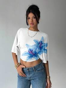 Aloruh Women's Solid Color Round Neck Batwing Sleeve Ruched Design Cropped Fashionable Top - White - View 6