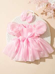 SHEIN 新生女嬰連身裙附蝴蝶結髮帶 0-3個月 嬰兒攝影套裝 黃色 春夏季 - 粉色 - 查看 2