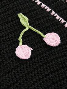 Sweetness Cherry Embroidered Soft Cropped Top And Mini Shorts 2 Pieces Set, Suitable For Beach Vacation, Plus Size Pink Black And White Summer - Black - View 7