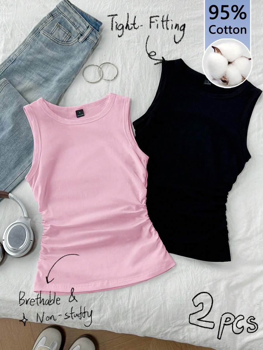 Tseoso 2 pezzi/set Canottiera aderente a collo tondo nera e rosa per donna - Multicolore - Visualizzare 1