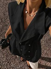 Livesso Summer Holiday Outfit White Collared Waist-Cinching Sleeveless Regular Fit Women's Jacket - Black - View 6