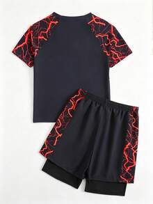 2pcs/Set Teenage Boys' Lightning Print Elastic Quick-Dry Comfortable Knit Fabric Short Sleeve Top + Non-Stretch Woven Fabric Beach Shorts, Suitable For Teenagers (Boys) Swimwear, Beach, Pool, Seaside, Surfing, Vacation, Summer, Travel - Black - View 2