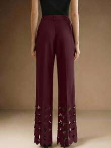 Anewsta Essential Elegant Burgundy High-Waisted Wide-Leg Suit Pants Center Crease Pleated Hollow Ring Cutout Hem Side Pockets Commute Party Banquet Versatile Summer - Burgundy - View 7