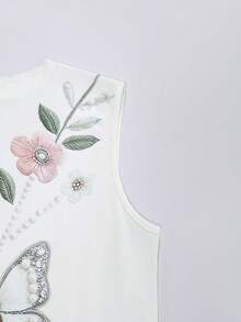 SHEIN Franclia Women's Sleeveless Butterfly, Pearl Floral Print Round Neck Top, Suitable For Summer Outdoor, Commuting, Business Casual Cute Date White Floral - White - View 4