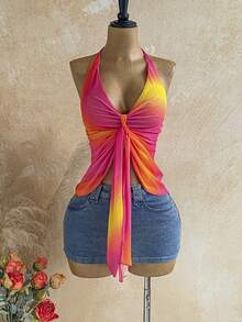 Soleia Top halter con tiras anudadas y degradado de puesta de sol romántico para mujer, vacaciones, festival de música vintage, fiesta, vacaciones tropicales, cita, té de la tarde, crucero de playa, viaje por carretera, vacaciones en la ciudad, festival de música, fiesta, bohemio, hippie, occidental, carnaval, Día de San Patricio - Rosa Fucsia - Ver 6