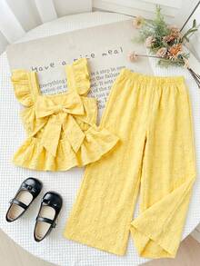 Emery Rose Kids Emery Rose Kids 2件組少女編織素色方領荷葉邊飾休閒吊帶上衣與長褲套裝 - 黃色 - View 7