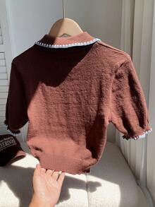 Comfortcana 女款對比飾邊刺繡休閒針織上衣，百搭日常穿著 - 咖啡棕 - 查看 2