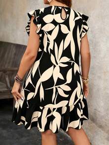 Breezaya Plus Size Women Round Neck Ruffle Sleeve Floral Print Loose Summer Vacation Dress - Black - View 2