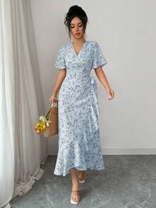 Elenzga Women's Elegant Casual Small Ditsy Floral Wrap V-Neck Ruffle Sleeve Irregular Hem Maxi Dress, Spring/Summer - Baby Blue - View 4
