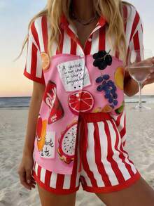 Vaclyn Women's Summer Vacation Striped Fruit Print Button-Front Shirt And Shorts Set - Red - View 5