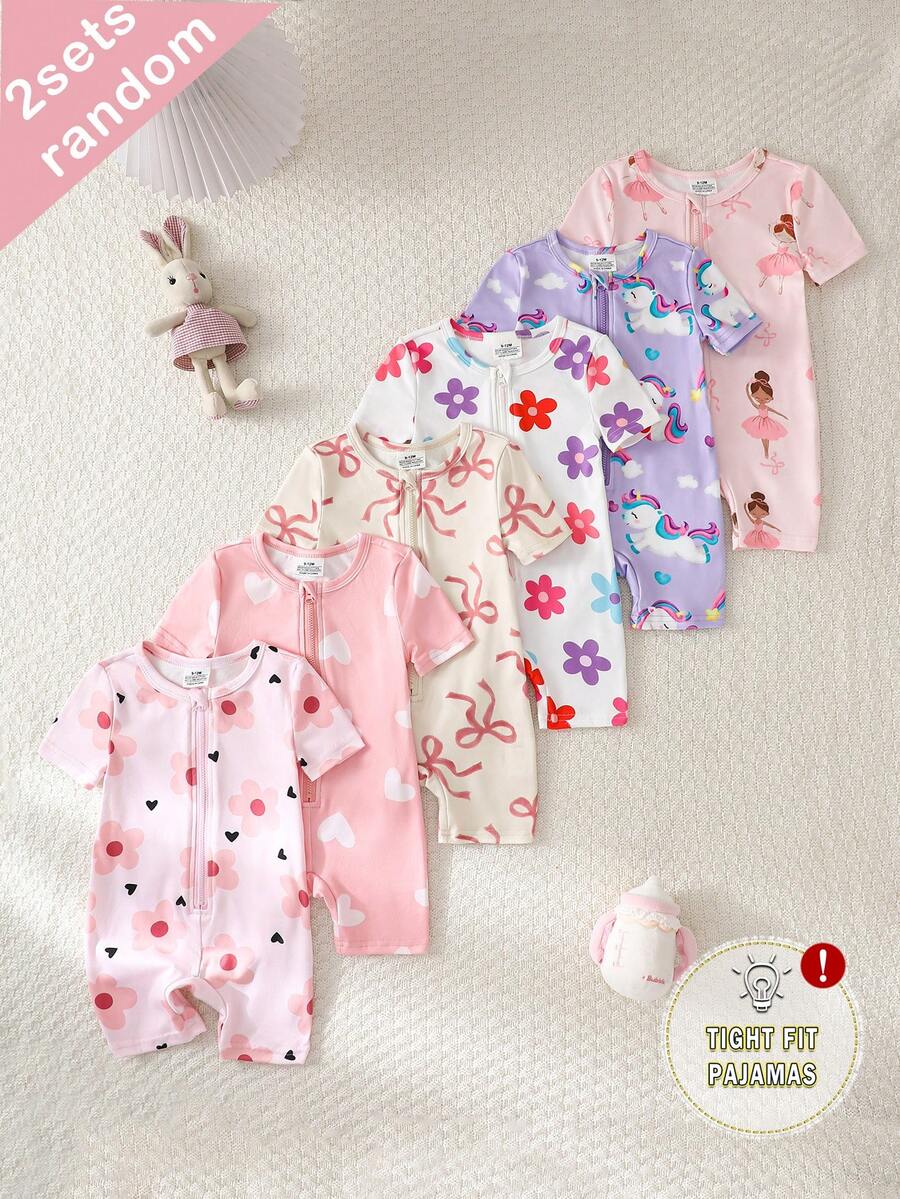 SHEIN 6件/套随机2件女婴短袖短裤连体衣,可爱爱心、猫咪、花朵、独角兽、蝴蝶结印花,休闲柔软弹力舒适连体衣,适合夏季睡衣或外穿 - 彩色 - View 1