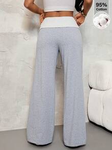 SHEIN PETITE Quần ống loe nữ màu xám họa tiết hoa, 95% cotton, cạp trắng và họa tiết thêu - Phong cách đường phố, cổ điển Y2K, thích hợp cho học sinh, mặc hàng ngày và các hoạt động thể thao mùa xuân/hè (tập gym, yoga, tennis, cầu lông, bóng rổ, leo núi, đạp xe và cắm trại). - Xám - Xem 2