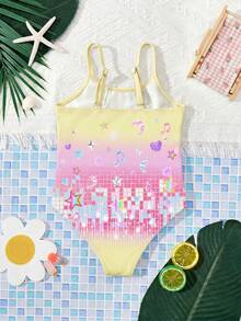 SHEIN 卡通印花連身泳衣，適合年輕女孩，適用於海灘度假、泳池派對、海灘派對 - 黃色 - 查看 2