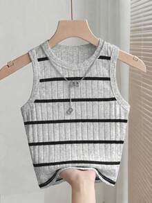 Resyla New Fashion Casual Basic Ribbed Fabric Retro Grey & Black Ribbed Women Tank Top - Multicolor - View 3