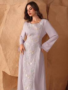 Al Najma Elegant Beaded Embroidery Round Neck Arabic Style Dress For Women - Mauve Purple - View 5