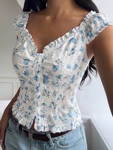 CovetEZ 女士休闲蓝色花卉荷叶边单排扣衬衫 - 藍色 - 查看 6