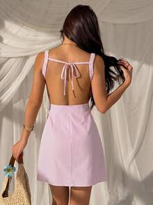 SHEIN EZwear 女款夏季性感度假風拼接條紋印花無袖露背打結迷你洋裝 - 藕粉色 - 查看 7
