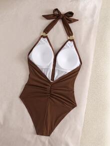 Bonvoyette Swim Chiccia 新款奢華優雅淺/奶棕色掛脖式一件式泳衣，性感深V比基尼搭配高級金色環飾，收腰顯瘦設計，蝴蝶結後背，高衩俏皮剪裁，塑身泳裝，柔軟彈性面料，極簡設計，復古Y2K辣妹風泳衣，適合夏季海灘度假、泳池派對、音樂節、熱帶沿海早午餐出遊、海島度假與時尚氛圍 - 棕色 - 查看 7