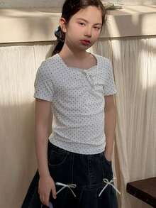 Dazy Kids Tween Girl Lace Patchwork Bow Decor T-Shirt Summer - White - View 3