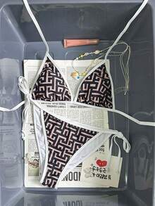 Swim Mod 女款夏季海灘幾何印花掛脖綁帶性感比基尼兩件式泳衣套裝 - 彩色 - 查看 2