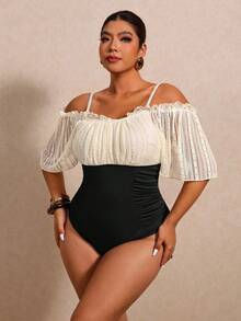 Elaquor Traje de baño de una pieza con bloques de color, encaje y hombros descubiertos para tallas grandes - Negro - Ver 3