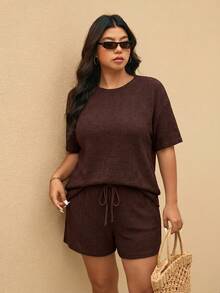 Elaquor Plus Size Women's Solid Color Round Neck Short Sleeve T-Shirt And Shorts Casual Two Pieces Set - Brown - View 5