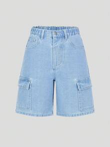 SHEIN Girls' Denim Shorts, New Summer Collection, Light Wash Denim Cargo Shorts With Elastic Waist, Side Pockets, Loose Straight Leg, Versatile For Daily, School, Commute, Vacation, Outdoor Occasions - Light Wash - View 3