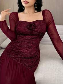 Modelyn 女士优雅中长款花卉装饰长袖连衣裙 - 酒紅色 - 查看 6