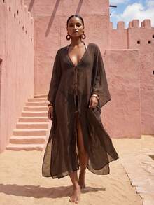Zivah Áo khoác dài kiểu kimono bằng chiffon dành cho nữ, thích hợp mặc đi biển, màu nâu, mùa xuân/hè 2026. - màu nâu - Xem 4