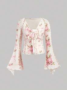 SHEIN MOD Plus Size Women Floral Print Front Twist Fashionable Bell Sleeve T-Shirt - Pink - View 1
