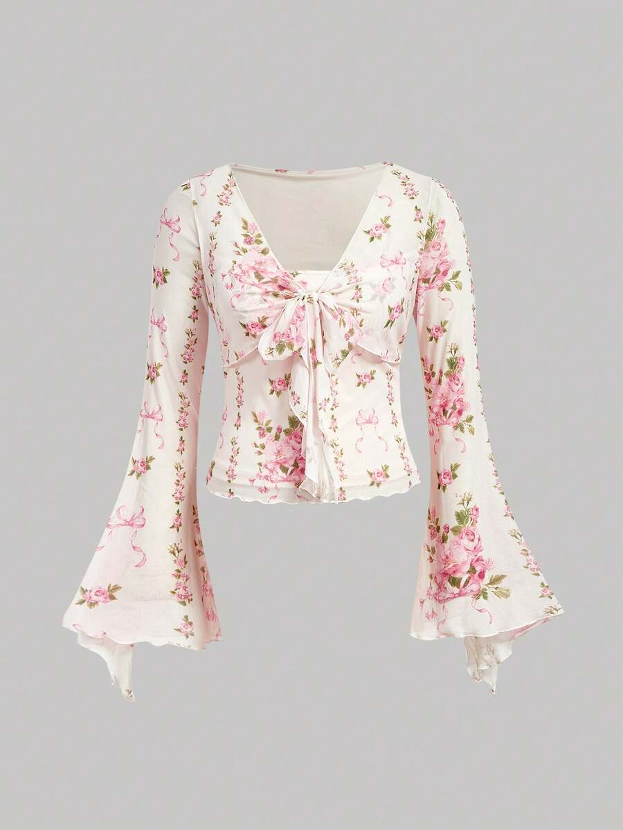 SHEIN MOD Plus Size Women Floral Print Front Twist Fashionable Bell Sleeve T-Shirt - Pink - View 1