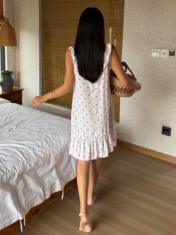 Women's Ditsy Floral Ruffle Trim Front Tie Nightgown
